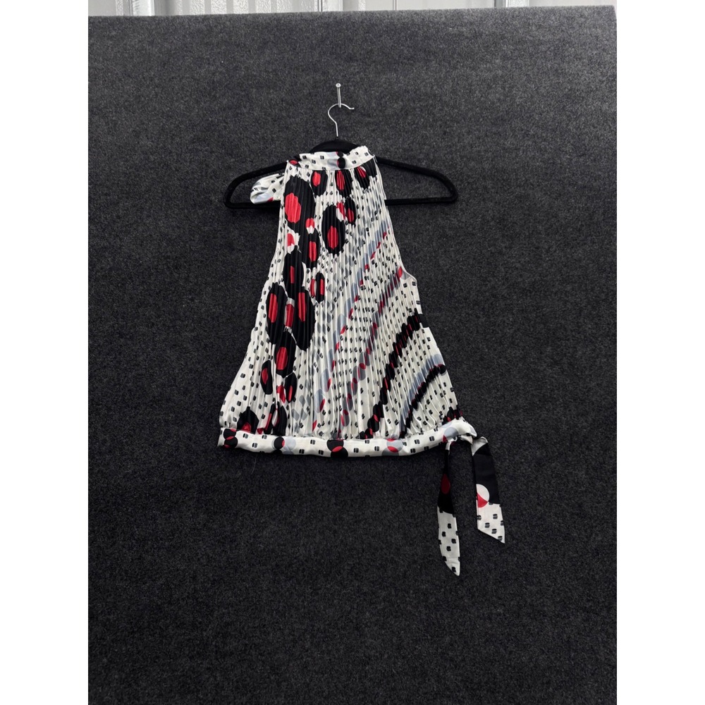 Pleated Halter Top Geometric Polka Dot Red Black White Mock Neck Side Tie Blouse